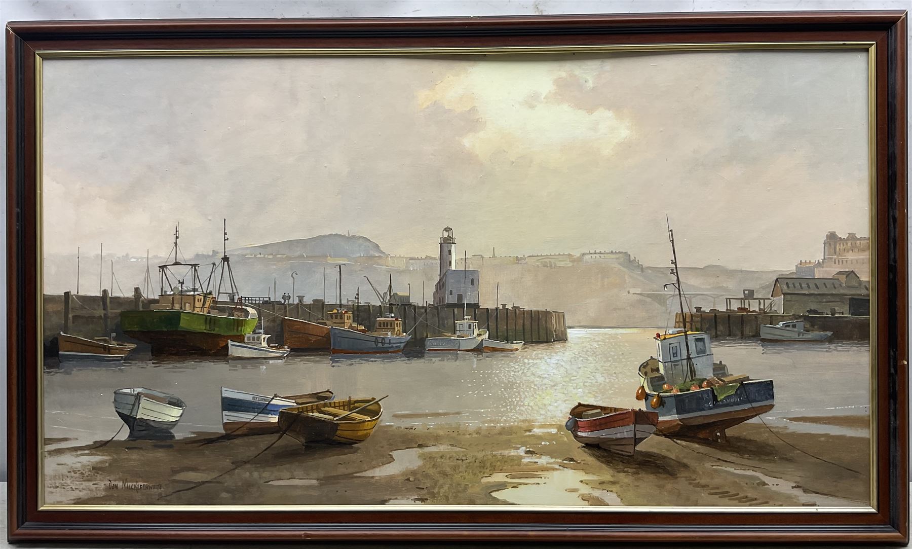 Don Micklethwaite (British 1936-): Scarborough Harbour, oil on board signed 52cm x 95cm  