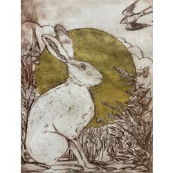 Mandy Walden (British Contemporary): 'Golden Summer's Eve saw Hare and Swallow by the Willowherb and Corn', etching with hand colouring signed and titled in pencil 45cm x 35cm (unframed)