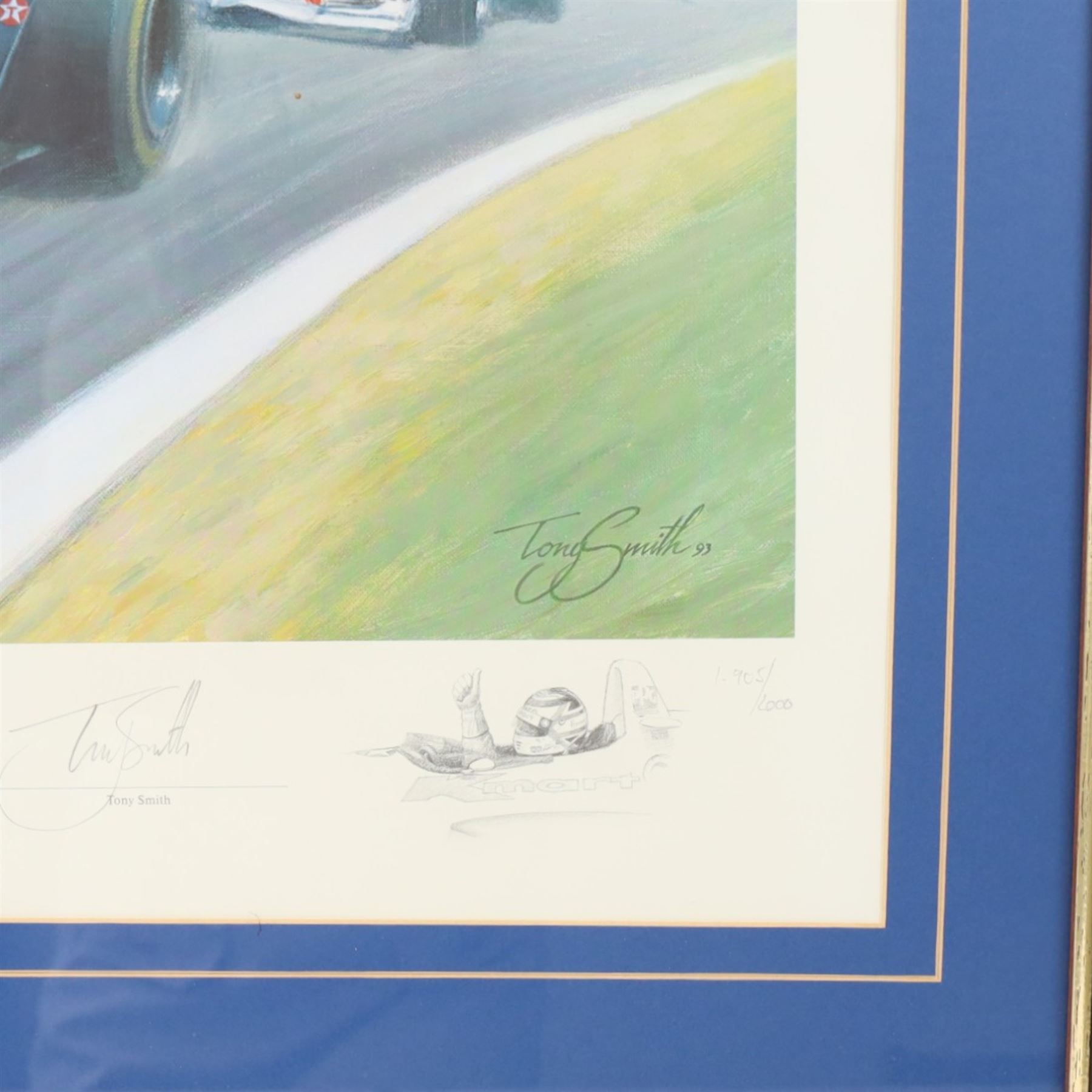 Signed limited edition Nigel Mansell print 'Red 5 - Double World Champion', signed by Nigel Mansell and artist Tony Smith, framed, frame H63cm, W82cm