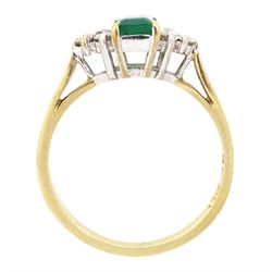 9ct gold emerald and diamond ring, single octagonal cut emerald of approx 0.45 carat, set between brilliant cut diamond trefoil shoulders