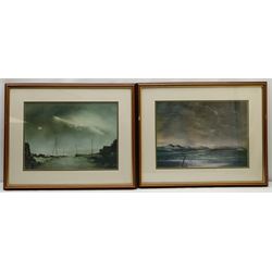 Ashley Jackson (Northern British 1940-): 'Rain on Flushouse Moor' and 'Lancaster Sands', pair prints signed in felt pen verso 32cm x 45cm; Figures in the Snow, 20th century oil unsigned 24cm x 35cm (3)