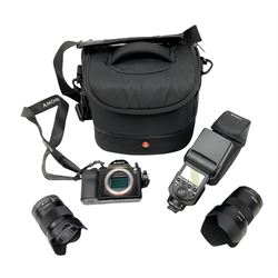 Sony Alpha 7R ILCE-7R camera serial number 3985636, with a 'Carl Zeiss Sonnar FE 1.8/55 ZA' lens, 'FE 28mm F2' lens, Sony Handycam Cyber-Shot HVL-F43M, all with original boxes, together with a Manfrotto camera bag  