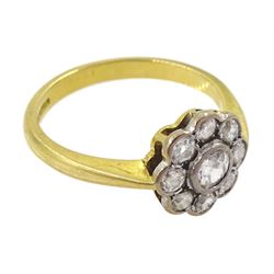 18ct gold old cut diamond flower head cluster ring, hallmarked, total diamond weight approx 0.40 carat