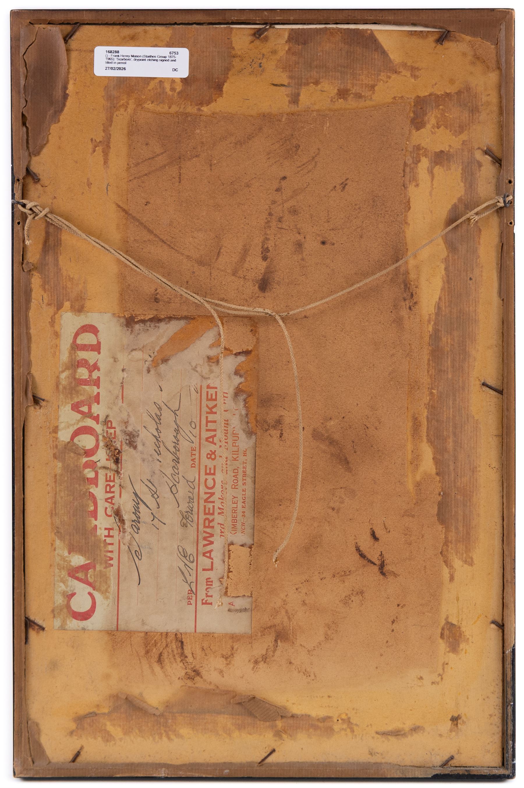 Frank Henry Mason (Staithes Group 1875-1965): 'Scarboro', drypoint etching signed and titled in pencil 22cm x 12.5cm 