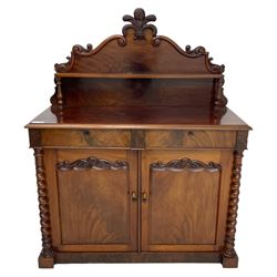 Victorian mahogany chiffonier, raised shaped back with applied carved fleur-de-lis and scrolling foliate decoration, fitted with two drawers over panelled cupboard, flanked by canted spiral turned pilasters