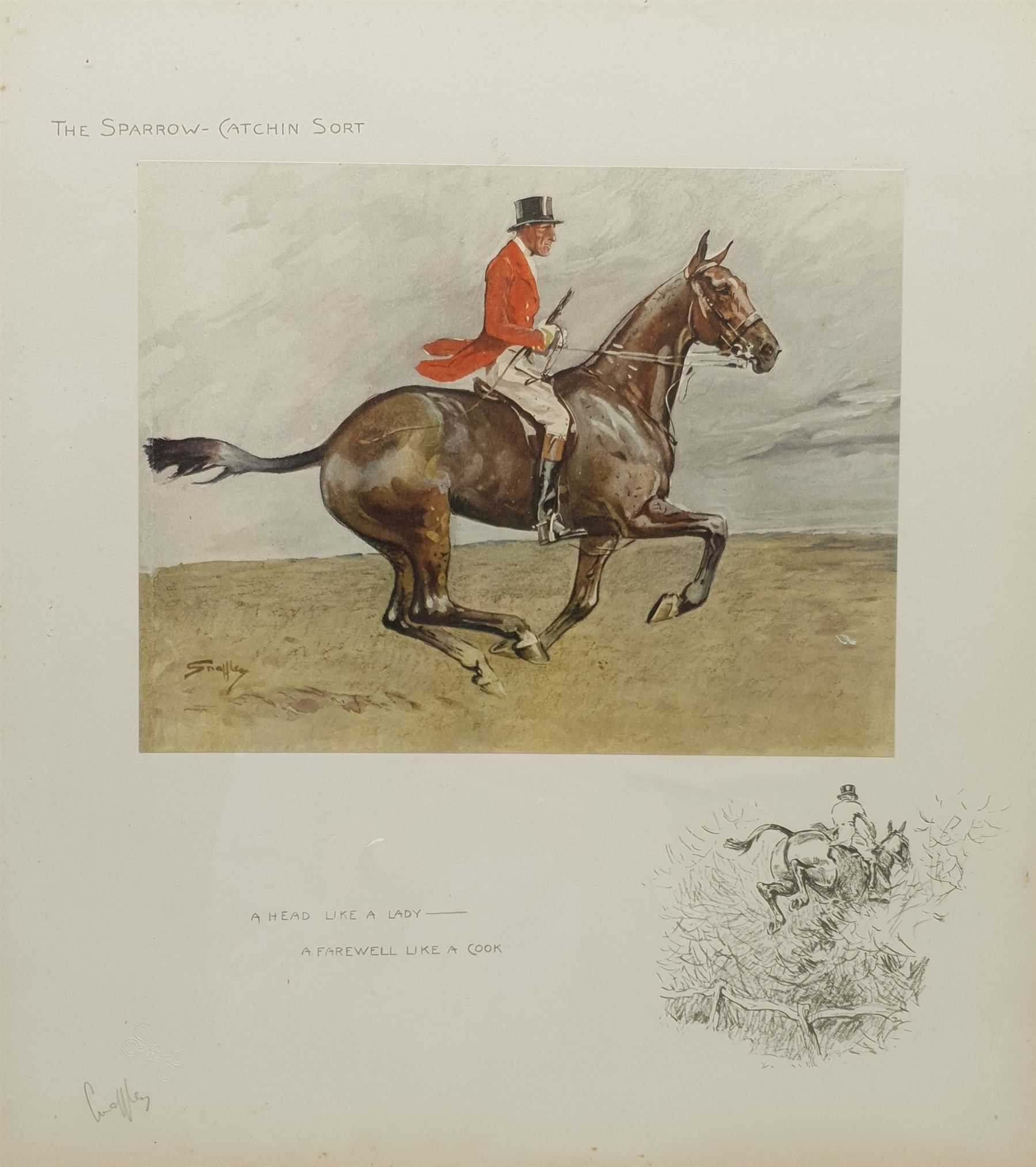 Charles Johnson 'Snaffles' Payne (British 1884-1967): 'The Sparrow-Catchin Sort', colour photolithograph signed in pencil with crossed snaffle bit blindstamp 48cm x 43cm