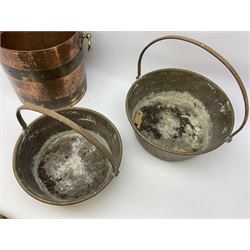 Hammered copper and brass banded coal bucket with twin loop handles, together with two brass jam pans, tallest H40cm