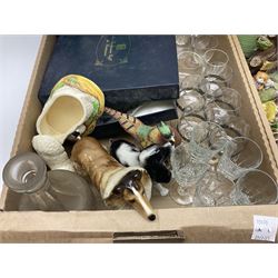 Group of Hornsea Fauna ceramics, glassware, animal figures including Coopercraft, Border Fine Arts figures, Shire horse and wood cart etc in two boxes