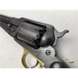 Unmarked Spencer & Rogers type Remington style .44 cal. six-shot percussion revolver, 20cm octagonal barrel with loading lever under, brass trigger guard and two-piece wooden grip L37cm overall; together with a framed watercolour by Alan J. Gray dated 2009 entitled 'The Remington .44 Calibre 1861 Navy Revolver'  19 x 42cm (2)