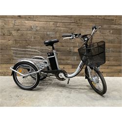 Alpine electric tilt trike - power assisted with throttle (no need to pedal), 15.5mph with 40 mile range, only 37 miles from new, silver finish, removable battery with charger, YoungDo gell seat with cover, £2749 new.
