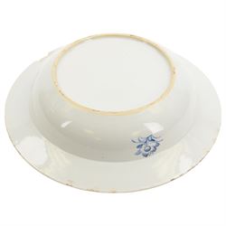 Large 19th century Chinese export blue and white bowl, of circular form, the dished centre decorated with pagodas, fence, and pine and willow trees, within a cell border with flower head and scroll detailed shaped reserves, the rim with conforming decoration of huts and trees, D39.5cm