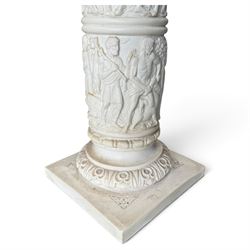 Neoclassical design composite column, square top over composite Ionic and Corinthian capital, the pedestal decorated with hunting and religious procession scenes, waisted and foliate socle on square base