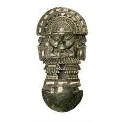 Green hardstone carved inca figure with metal detail, H40cm