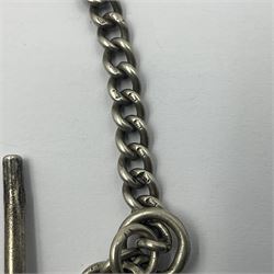Silver Albert chain with T-bar and two clips, hallmarked 