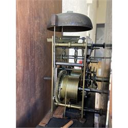 An oak and mahogany longcase clock by William Hewson, Lincoln c 1860, with a swans neck pediment, ball and spire finials and brass paterae, break arch hood door flanked by reeded pilasters with brass capitals, oak trunk with canted corners and a short oak door with mahogany crossbanding, conforming plinth with applied skirting, fully painted dial with Roman numerals, minute track and subsidiary seconds dial, matching brass stamped hands and winding collets, depiction of a  sportsman to the break arch and corresponding game birds to the spandrels, dial pinned directly to an eight-day rack striking movement with a recoil anchor escapement, striking the hours on a bell. Original casemakers label pasted to the inside of the case 