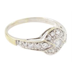 18ct gold diamond cluster ring, milgrain set with round brilliant cut diamonds and diamond set shoulders, Sheffield 2004, total diamond weight 0.50 carat