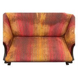 Mid-19th century mahogany two-seat sofa, upholstered in striped velvet fabric, the shaped backrest leading to outward-curved arms, carved apron with scrolling foliate details, raised on cabriole supports terminating in claw and ball feet