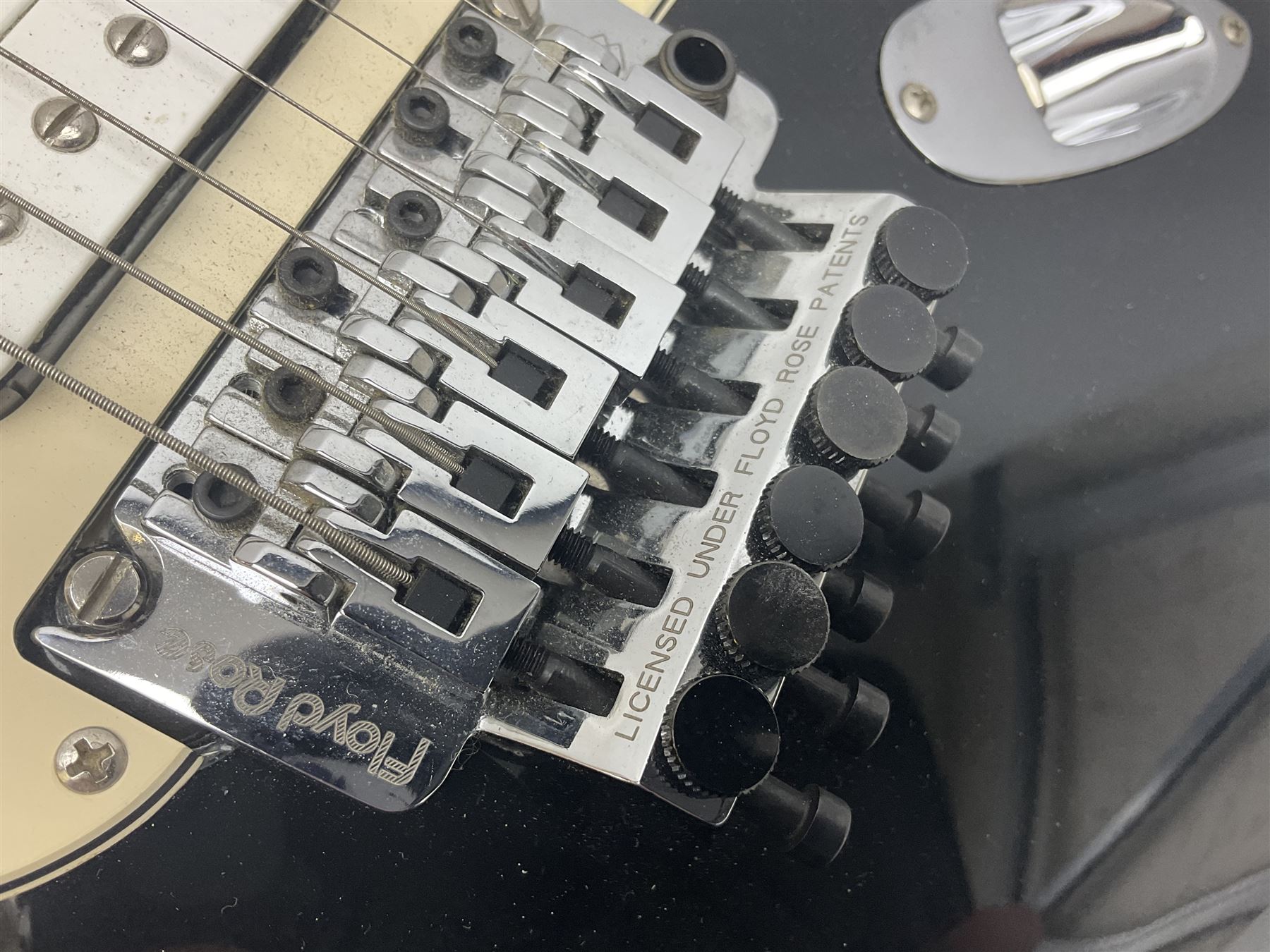 Mexican Fender Stratocaster electric guitar in black c2003 with Floyd Rose tremolo system, serial no.MZ3129600; L98cm; in Freestyle fitted case with 2006 Diamond Anniversary booklet