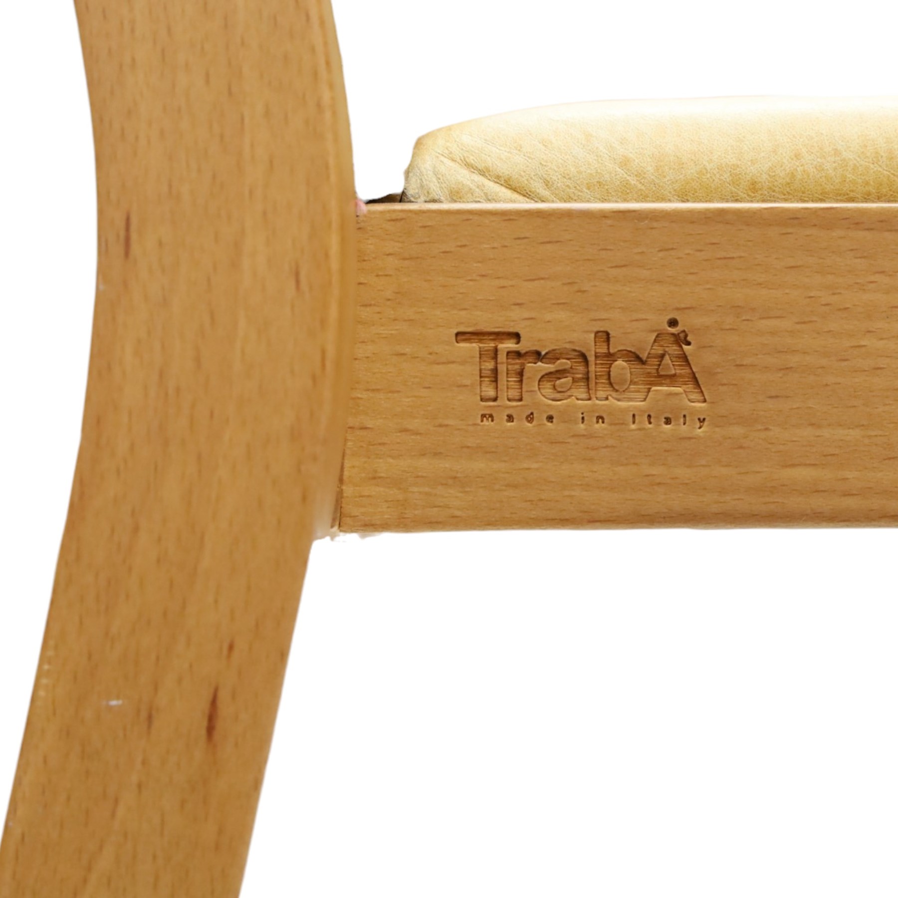 TrabÀ - Italian beech framed Roxanne chair, ochre leatherette seat, shaped beech frame