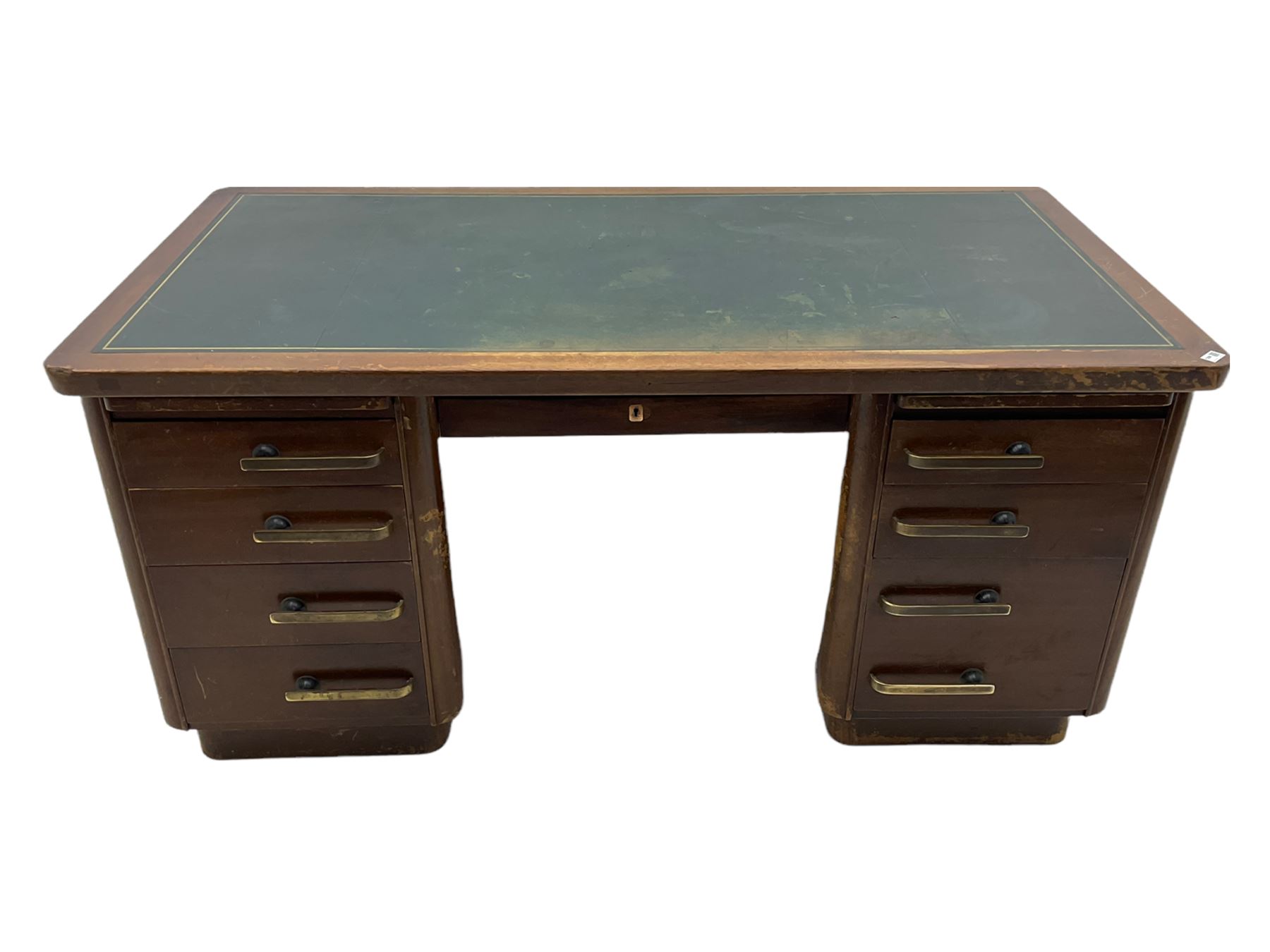 Abbess - mid 20th century mahogany twin pedestal office desk, inset leather writing surface, fitted with nine drawers and three slides