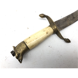  Indian made dagger or Naval type dirk, 21cm single edge curved blade etched with inscription and scrolls, brass S shaped crossguard and bone grip with eagle's head pommel, L30cm in brass mounted leather sheath.  