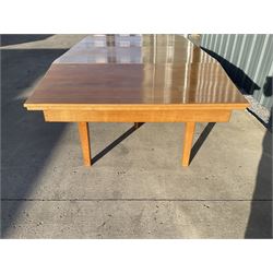 Light oak bespoke boardroom table, concave form, four sectional top on square discreet legs (12' x 5'), with twelve armchairs including 'Chairmans' chair