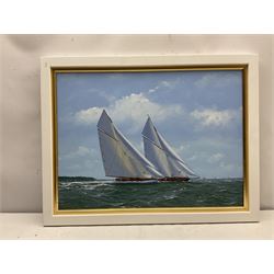 George Drury (British 1950-): J Class Yachts 'Britannia' and 'Valkyrie III' 1895, oil on canvas board signed, titled verso 42cm x 57cm