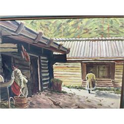 Mauritz Finstrom (Swedish 1894-1955): Figures Outside Log Houses, oil on canvas signed and dated 1938, 46cm x 68cm