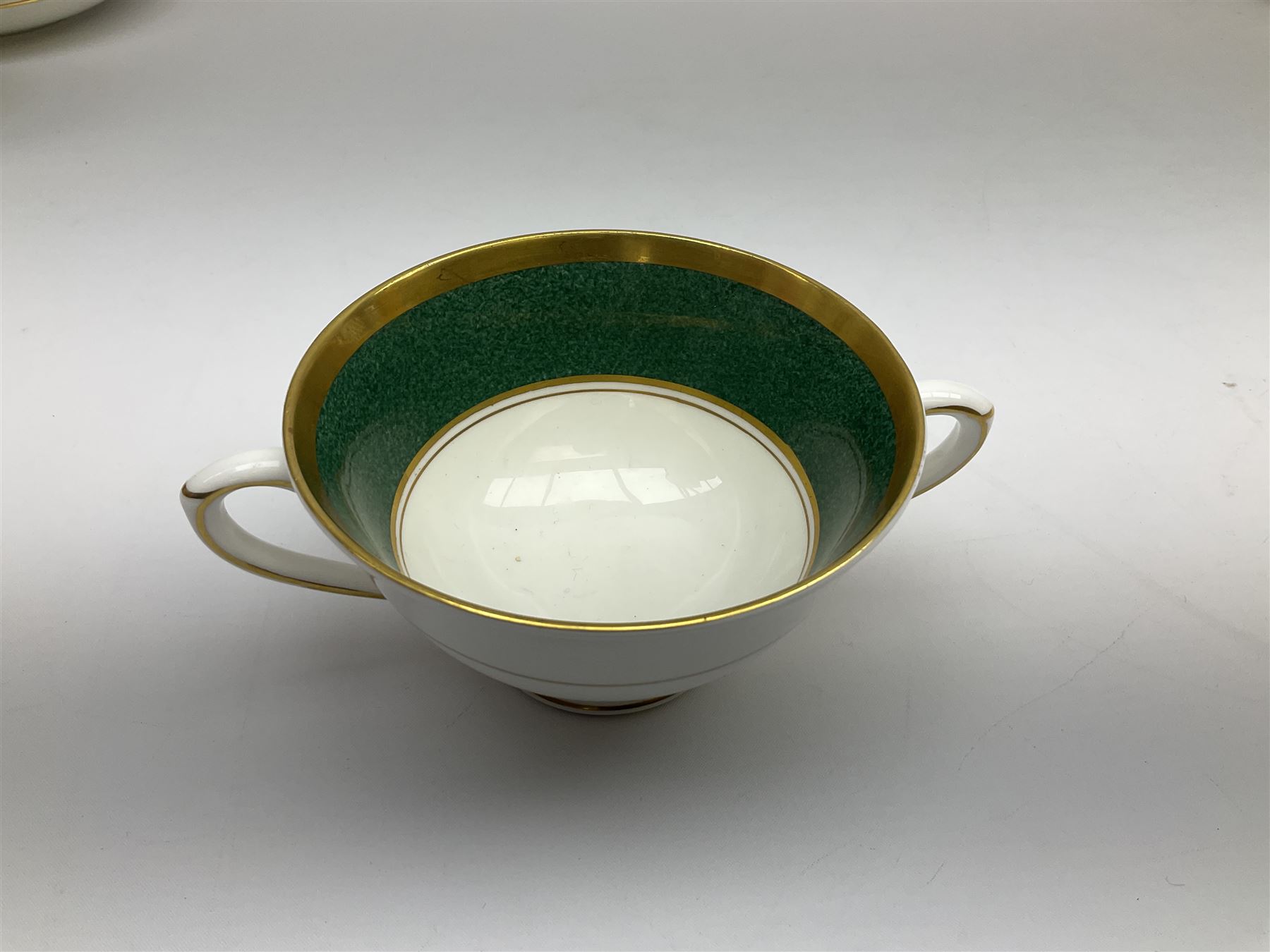 Coalport Athlone Green pattern tea wares, comprising coffee pot, seven coffee cans and saucers, milk jug, open sucrier, six tea cups and saucers, and six twin handled cups and saucers (42) 