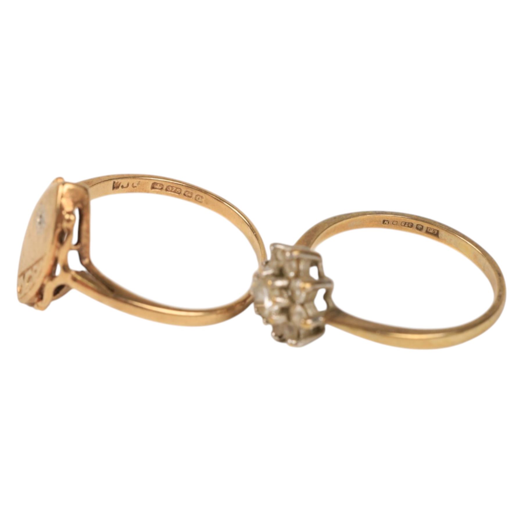 Two 9ct gold rings, including cubic zirconia flower head ring and a signet ring, both hallmarked