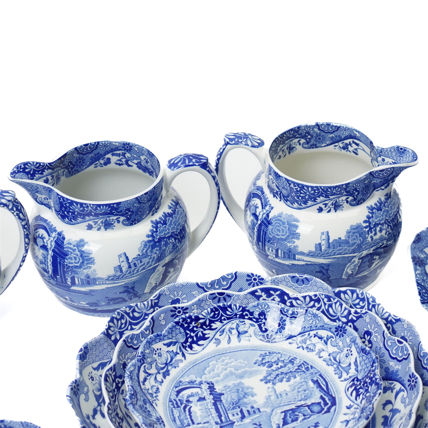 Large and extensive collection of Spode Italian blue and white tea and dinner wares, including various sized plates, serving dishes, mugs, etc, with mixed blue and black backstamps