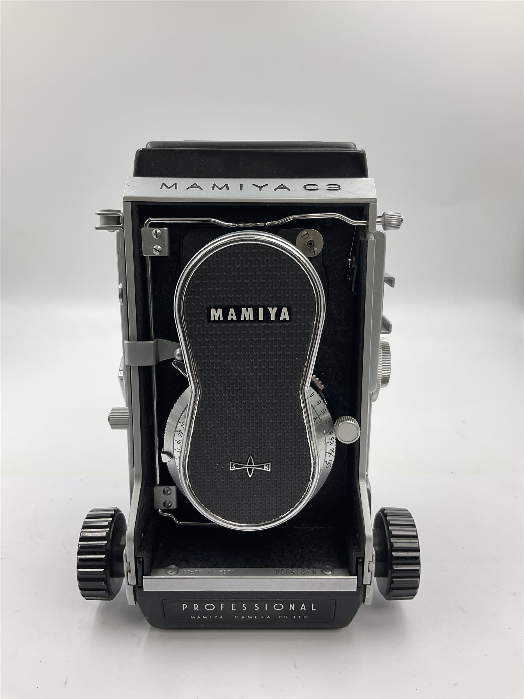 Mamiyaflex C3 TLR camera body, serial no. 215034, with 'Mamiya Sekor 1:2.8 f80mm' lens serial no. 765932