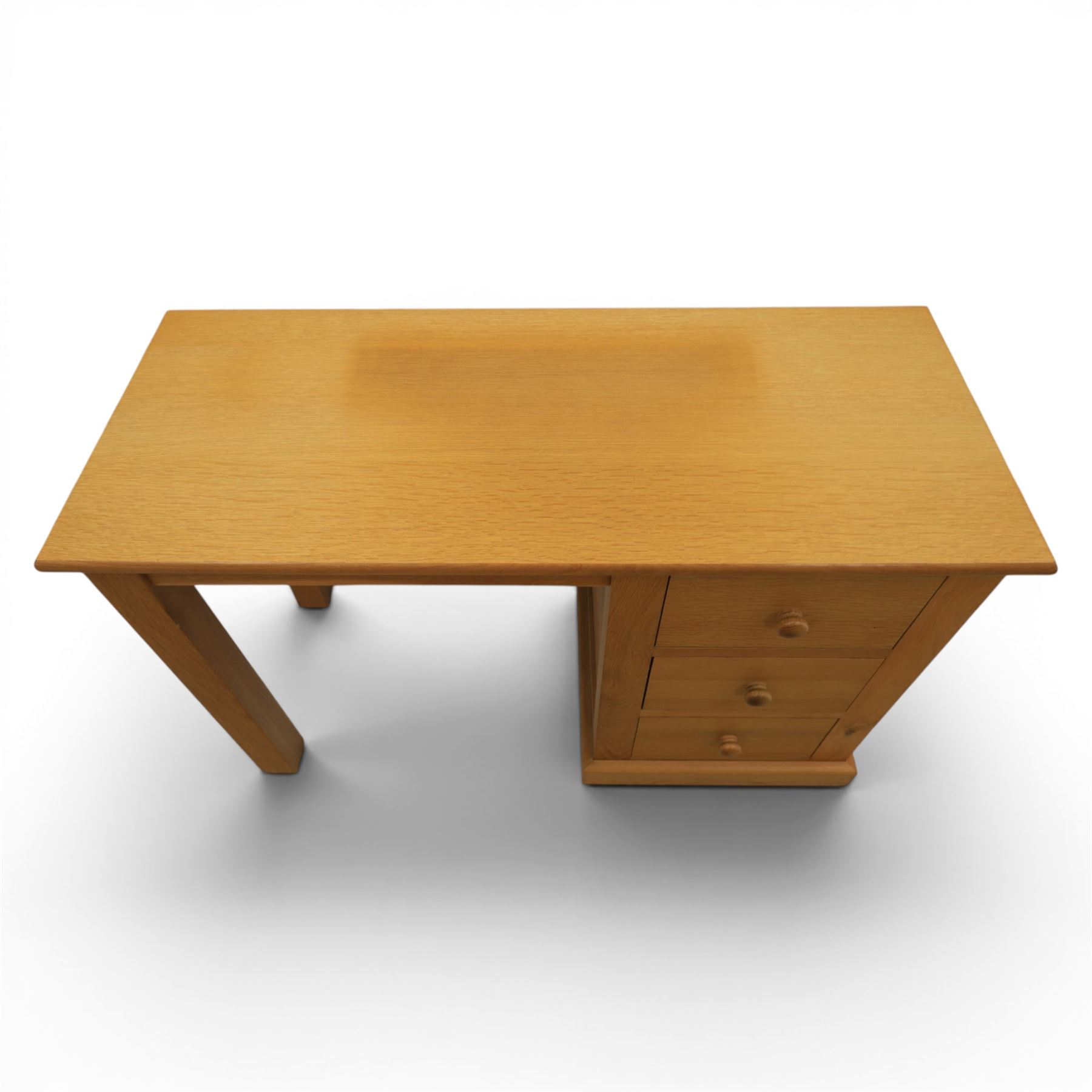 Contemporary oak dressing table, fitted with three drawers, with corresponding mirror and stool