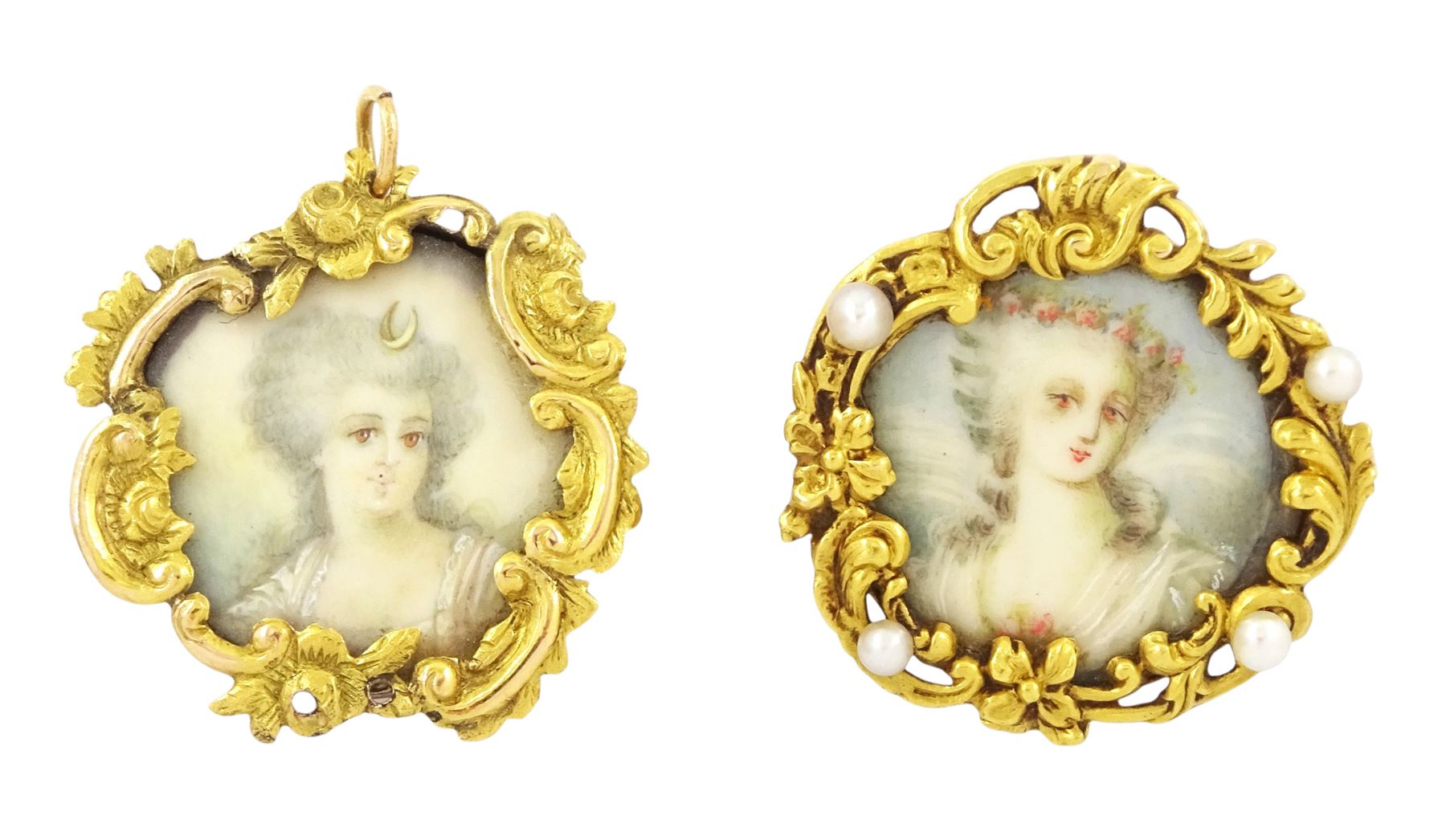 19th century gold pearl portrait brooch and similar pendant, each set with a miniature of a woman, on ivory, within gold scrolled frames. This lot has been registered for sale under Section 10 of the APHA Ivory Act