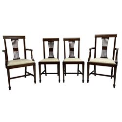 Set of four (2+2_ Edwardian inlaid mahogany dining chairs, cresting rail with satinwood banding, pierced splat backs with central inlay, drop-in seats upholstered in foliate patterned ivory fabric, raised on square tapering supports terminating in spade feet
