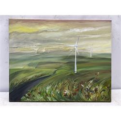 Paula Seller (Northern British Contemporary): Wind Turbines on the Yorkshire Wolds, acrylic on canvas signed with monogram and dated 2020, 41cm x 51cm (unframed)