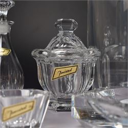 Collection of Baccarat Crystal, comprising a 'Pluton' decanter and two smaller examples, two covered condiment jars, pair of salt cellars, and an ashtray, variously boxed