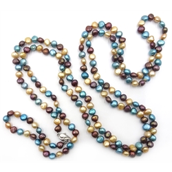  Long blue, brown and champagne colour pearl necklace, with silver clasp stamped 925,150cm  