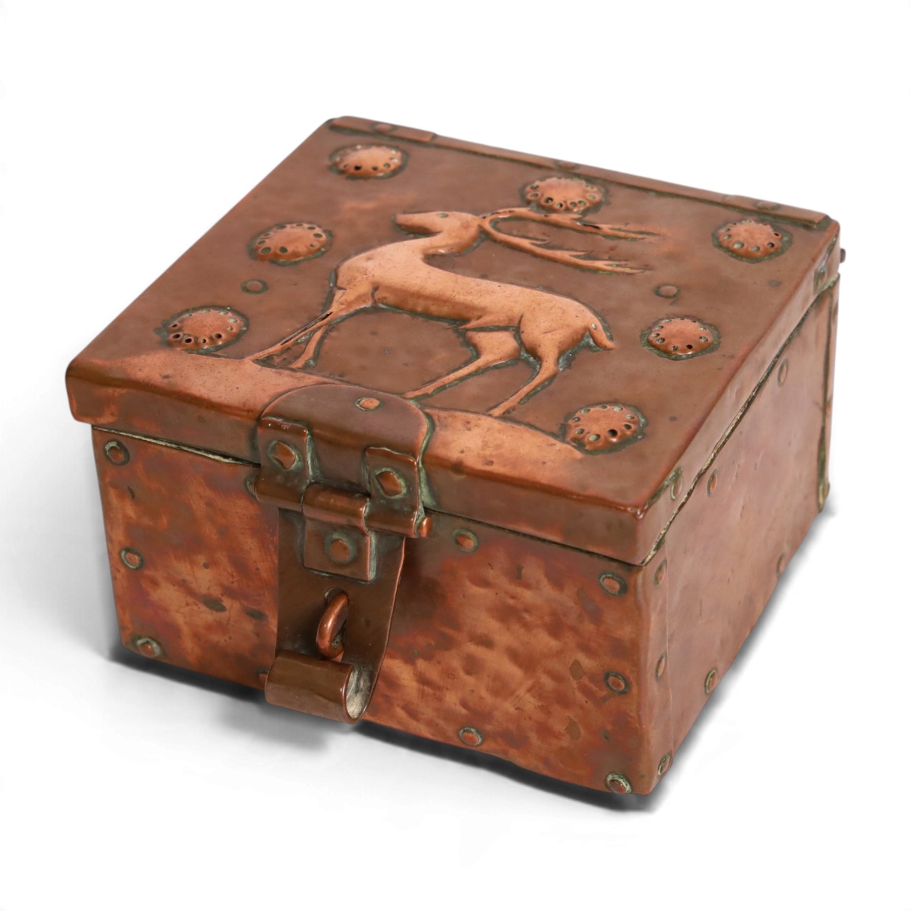John Pearson  (British, 1859-1930) for Newlyn - Arts & Crafts copper box with central Hart motif, , wood interior, signed JP to the reverse, H8cm, D12cm 