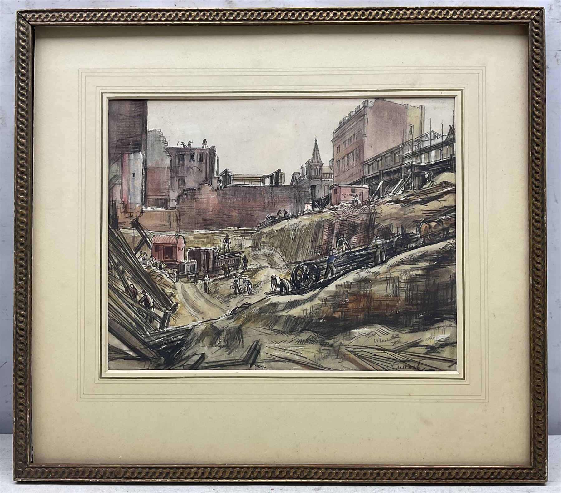 Joseph Ridley Ratcliffe McCulloch RBA (British 1893-1961): Permanent Site of the Building Society - Leeds, watercolour signed 25cm x 32cm 
Notes: McCulloch draughtsman, watercolourist, printmaker and teacher born and educated in Leeds at Brudenell School Hyde Park, gained a diploma at the Royal College of Art in 1912. Taught at Ipswich School of Art and life drawing at Goldsmiths' College of Art 1941-1950. Unfortunately came to a sad end, reportedly selling papers and matches on the London streets