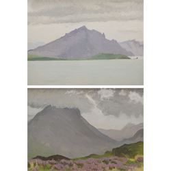 Frances Watt (Scottish 1923-2009): 'The Cuillin in the Rain' & 'Dull Day - Cliffs of Portree', pair oils on panel one signed, titled verso 24cm x 34cm (2)
Provenance: with Sarah Colegrave Fine Art, label verso
