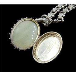 Victorian silver locket pendant, with bright cut decoration, Birmingham 1881, on silver book link chain necklace