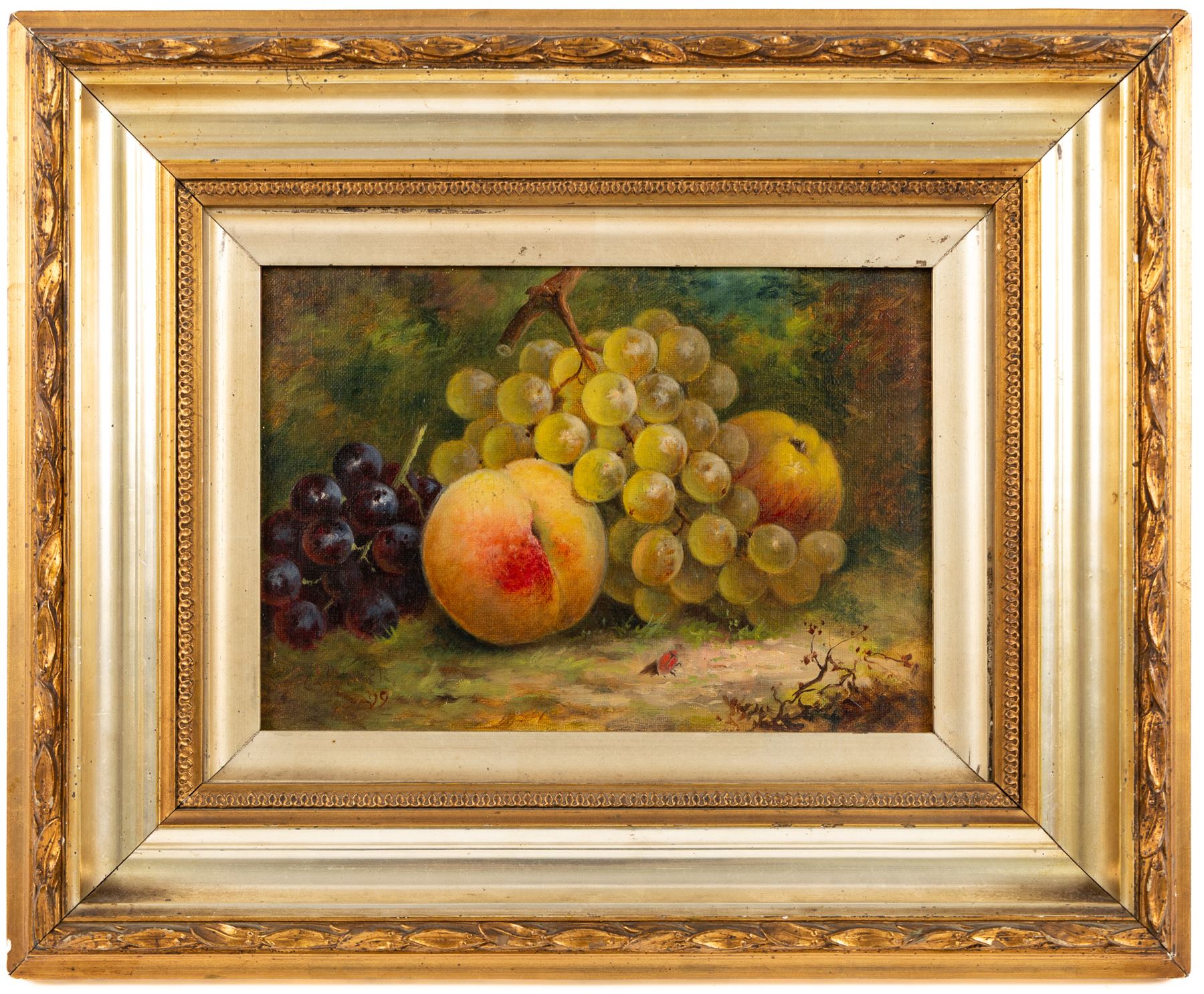 George Spencer (British 19th Century): Still Life of Fruits on a Bed of Grass, pair of oils on canvas board max 16.5cm x 24cm (2)