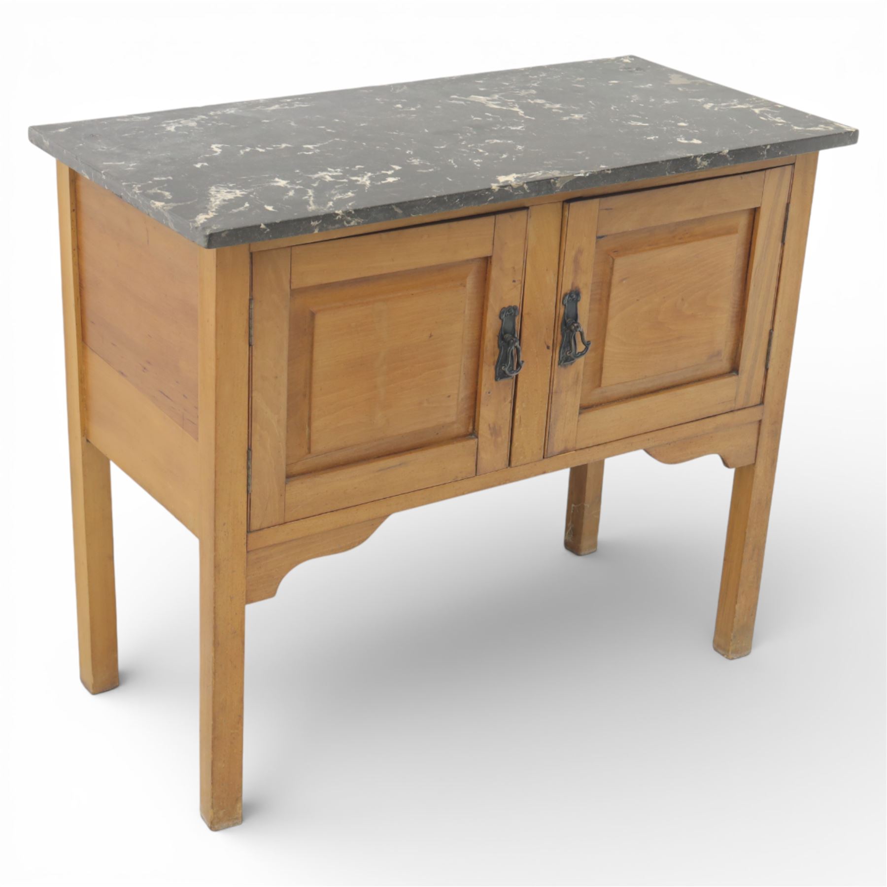Edwardian walnut stained washstand, rectangular grey marble top, the base fitted with a pair of panelled cupboard doors with iron handles, raised on square tapering supports
