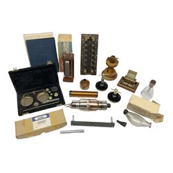 Collection of scientific and technical instruments etc including boxed 'Force on a Conductor' apparatus; vintage GPO resistance box; current deflection meter; vintage X-ray generator tube; small glass electroscope; two demonstrator solenoids; two magdeburg spheres; travelling balance scales etc; some by Philip Harris Ltd