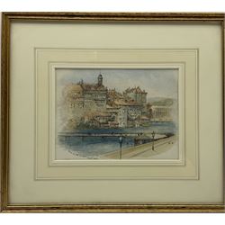 Mary Weatherill (British 1834-1913): 'Geneva from Hotel des Bergues', watercolour signed with initials, titled and dated 'July 27th 1868' in pencil, 15cm x 20cm