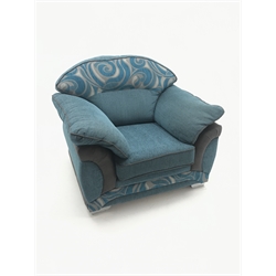  Three seat sofa upholstered in a blue and grey fabric, chrome feet (W214cm) and matching armchair (W110cm)  