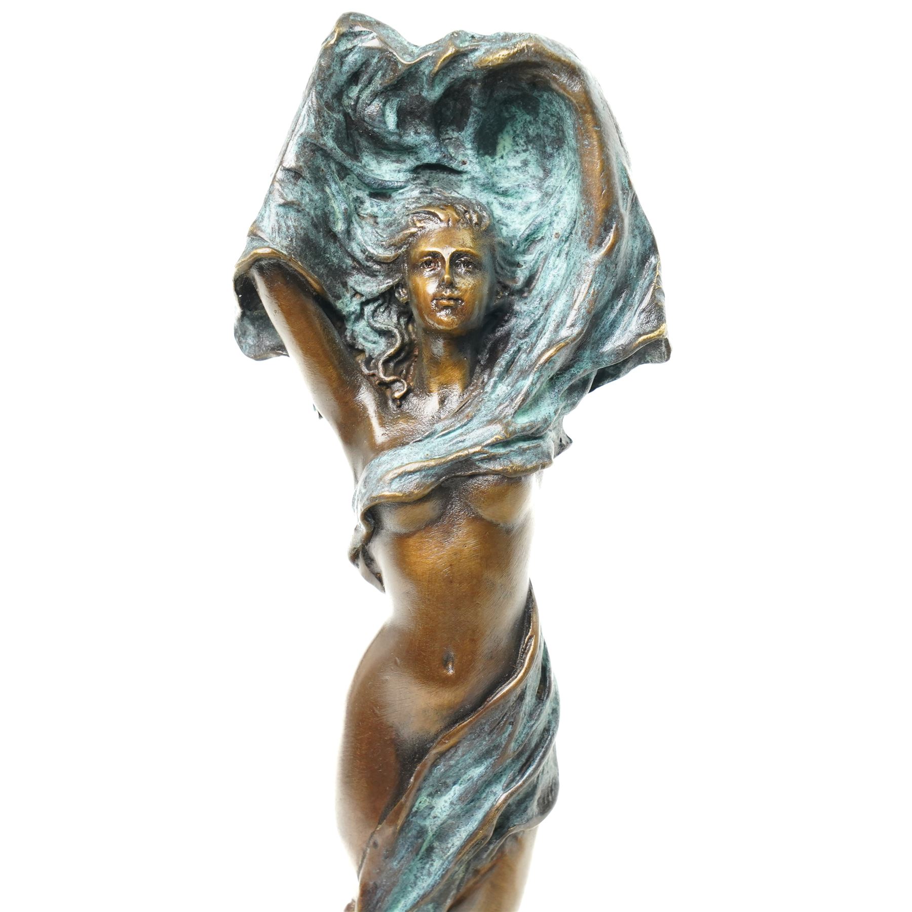 After Milo - bronze sculpture of a dancing lady, on two-tone plinth, H35cm 