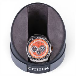 Citizen Eco-Drive gentleman's stainless steel solar power wristwatch, Ref. B620-S097169, orange dial with baton hour markers, on original stainless steel strap with fold-over clasp