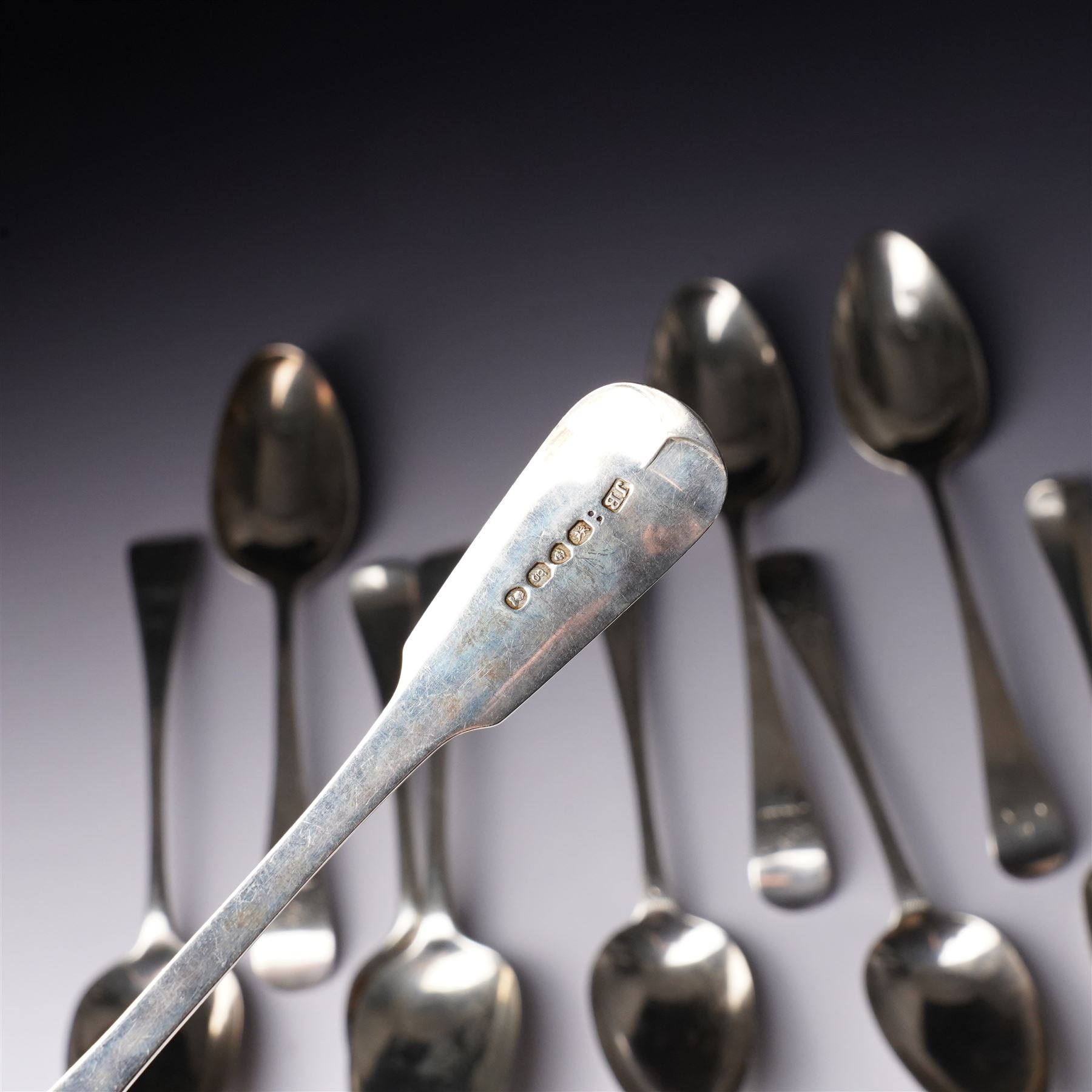 Pair of George III silver table spoons with engraved decoration London 1809 Maker Hester Bateman and eight other 19th century silver table spoons, various dates and makers (10) 
